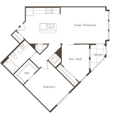 Floor plan for 1 bed, 1 bath, 923 sqft